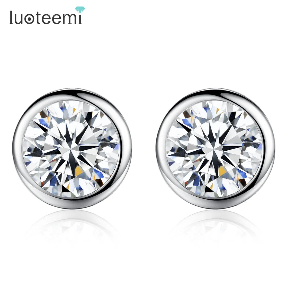 LUOTEEMI Hot Sell Women Classic Single Round Cubic Zirconia Stone 925 Sterling Silver Ear Stud Earrings