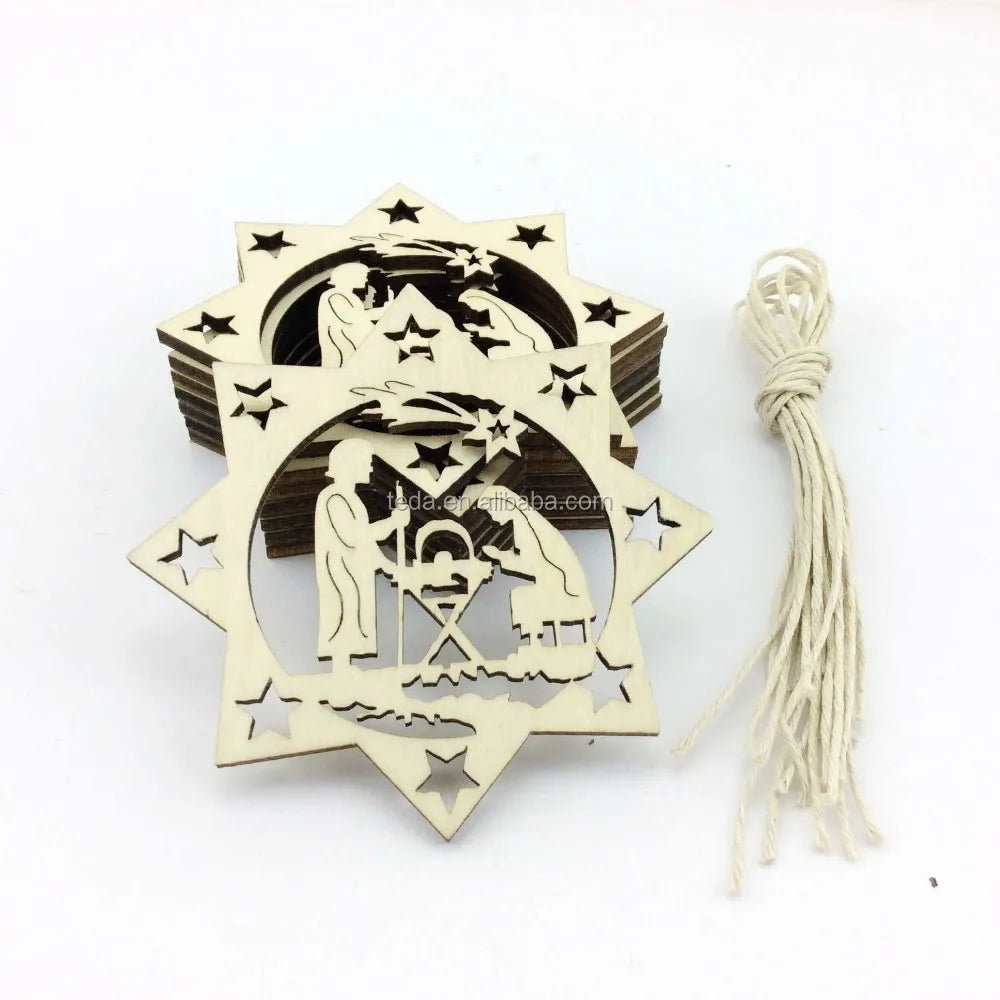 Plain Wood the Birth of Jesus Laser Cut Out Christmas Hanging Decoration