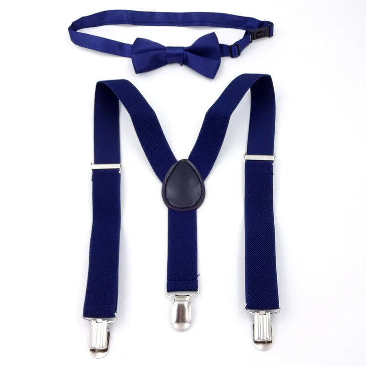 Wholesale Fashion Unisex Children Plain Adjustable Suspender Bow Tie Handkerchief Set With Stock