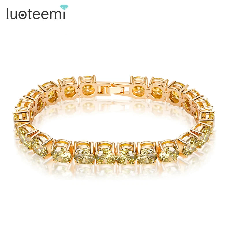 LUOTEEMI Wholesale Summer New 18K Champagne Gold Plated Light Olive Green 7MM Round Cubic Zircon Big Tennis Bracelets Bangles