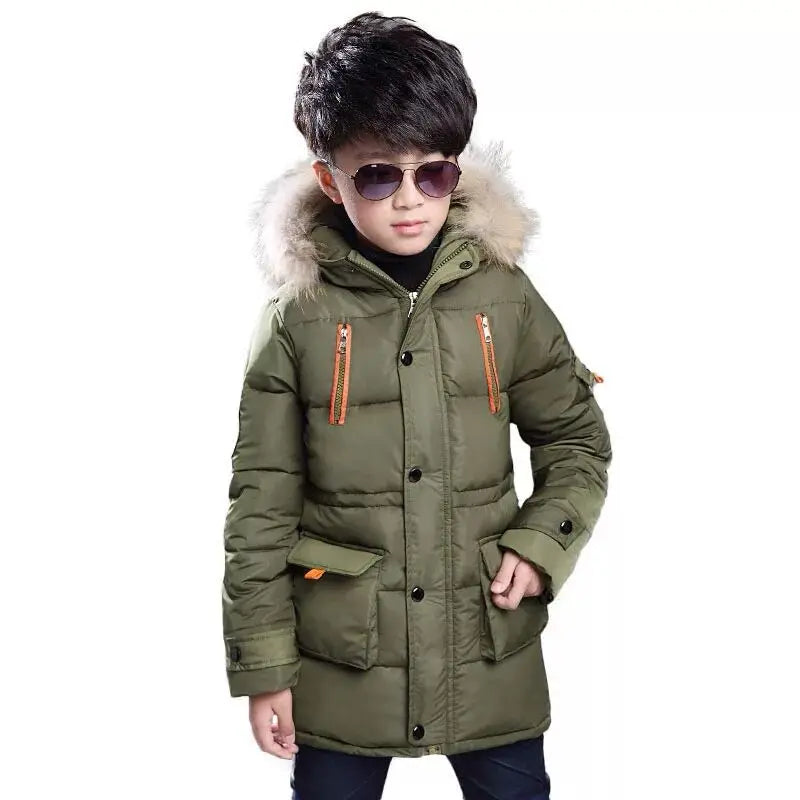 YSMARKET 120-170cm Children Winter Wear Boys Down Jacket Long Sleeve Zip Pockets Hooded Keep Warm Wadded Coat Fashion Clothes