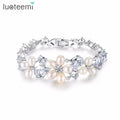 LUOTEEMI Ladies' Freshwater Pearl and Cubic Zirconia Bridal Outstanding Flower Bracelet Bangles for Women