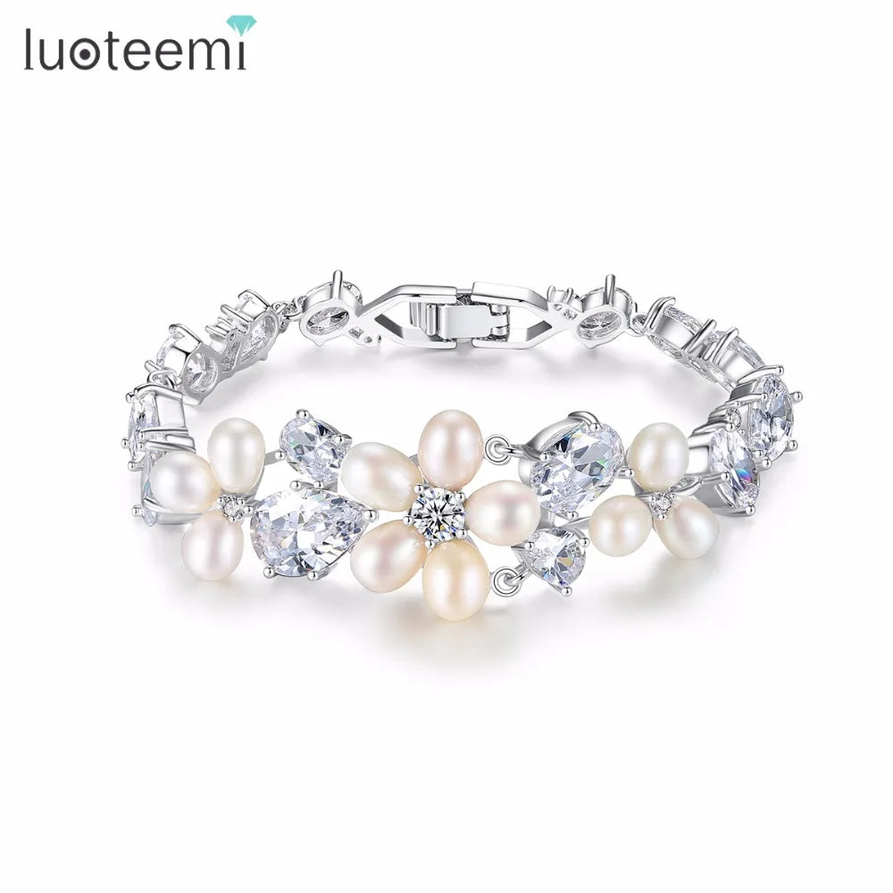 LUOTEEMI Ladies' Freshwater Pearl and Cubic Zirconia Bridal Outstanding Flower Bracelet Bangles for Women