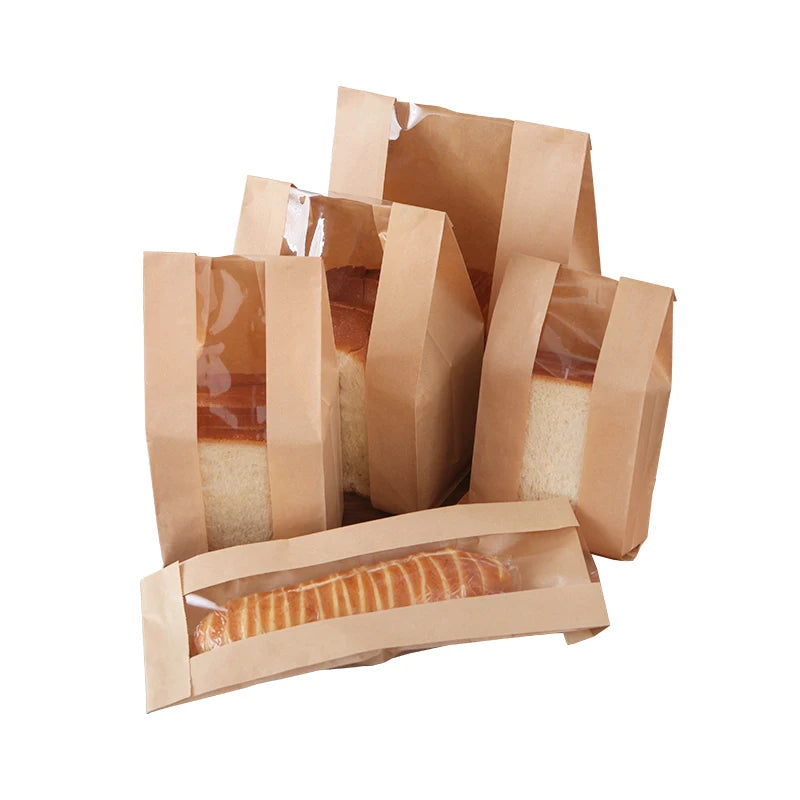 Wholesale Disposable Bakery Bread Packaging Plastic Kraft Paper Bags Custom Accept Kraft Paper Bread Bag with clear Window