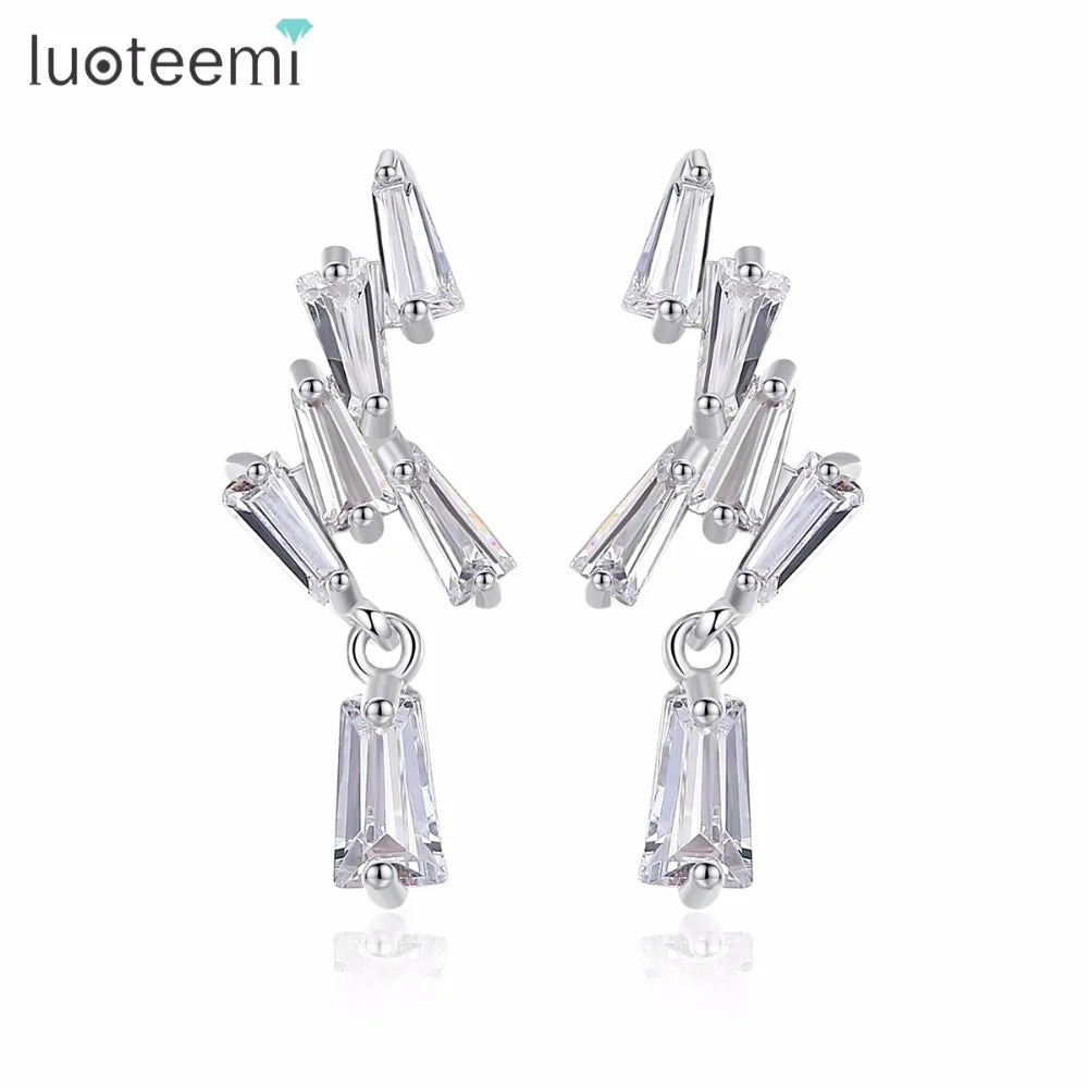 LUOTEEMI Trendy Geometric CZ Curved Bridal Asymmetric Stud Earrings for Women Fashion Wedding Engagement Party Jewellery Brincos