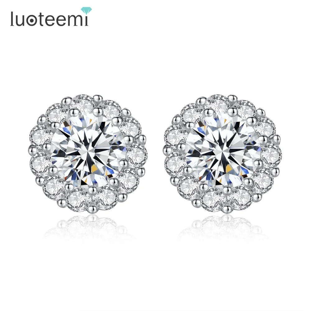 LUOTEEMI Wholesale Women Charm Brincos Luxury Bridal Wedding Jewelry Fashion Pure Real 925 Sterling Silver Stud Earrings