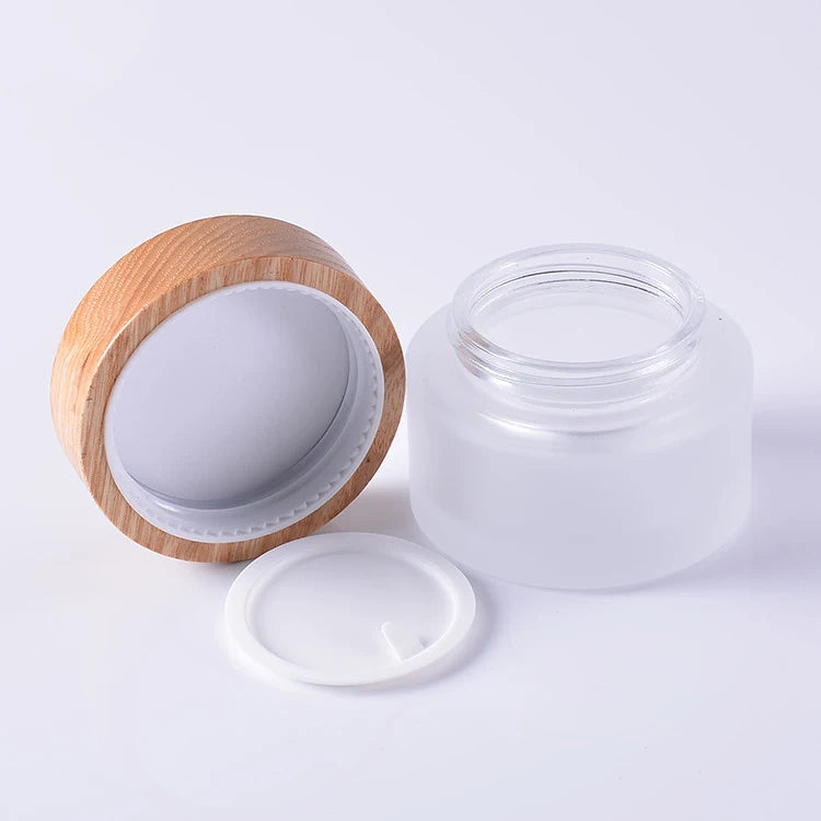 Luxury Frosted Clear Glass Cosmetic Jar with Bamboo Lid Cream Glass Container for Cosmetics