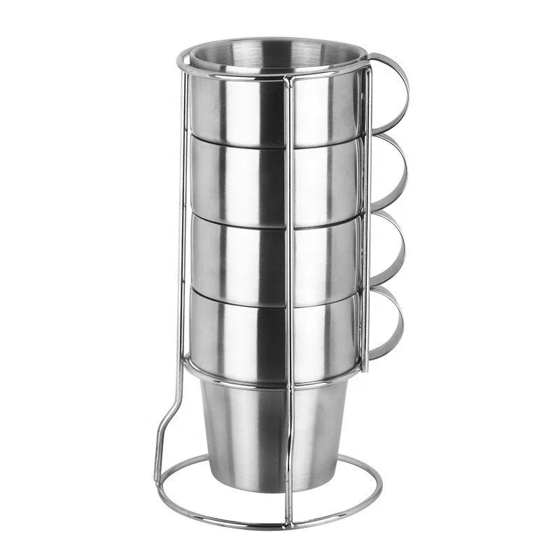 Stackable Stainless Steel Coffee Cups with Handle Insulated Double Wall Coffee Mugs with Rack Office Tea Water Cups for Outdoor