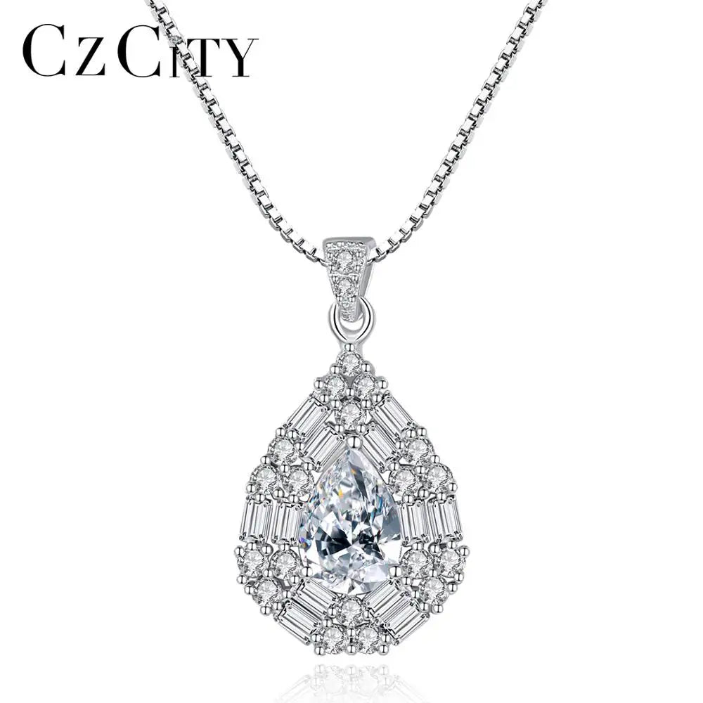 CZCITY 925 Sterling Silver Necklace for Women White CZ Sapphire Pendant in Water Drop Shape for Weddings and Parties