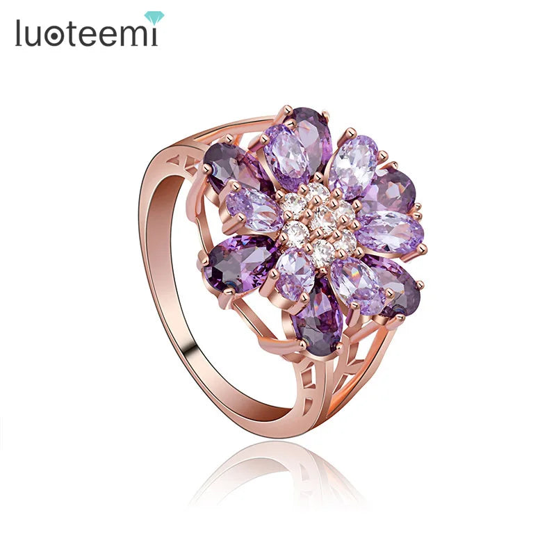 LUOTEEMI Fashion Jewelry Unique Flower Design With Purple Cubic Zirconia Paved Young Lady Bling Finger Rings