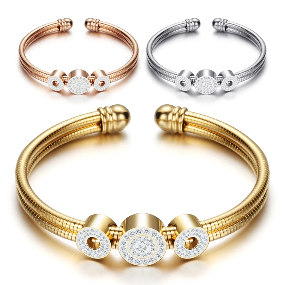 2024 Adjustable Three Colors Stainless Steel  Women Jewelry Charm Bead Bangle Bracelet