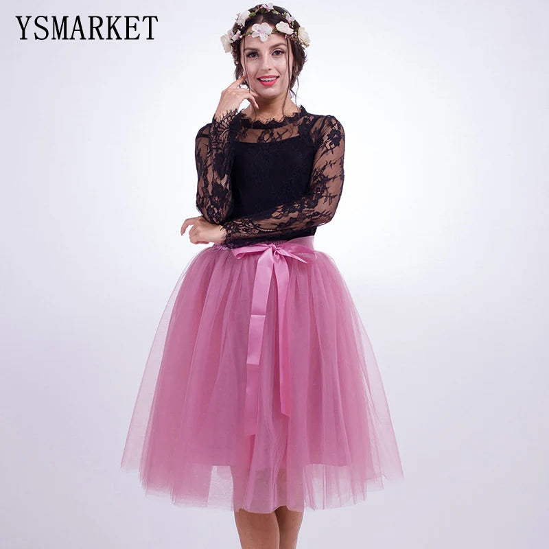 YSMARKET 7Layer Midi Tulle Skirt American Apparel Tutu Skirts Womens Lolita Petticoat Bridesmaids Skirt Jupe Saias Faldas EPT-55