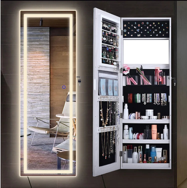 Jewelry Cabinet Box Wall Mount Lockable Touch Screen Light Built-in Zipper Pocket Inside Full-length Makeup Dressing Mirror  Led