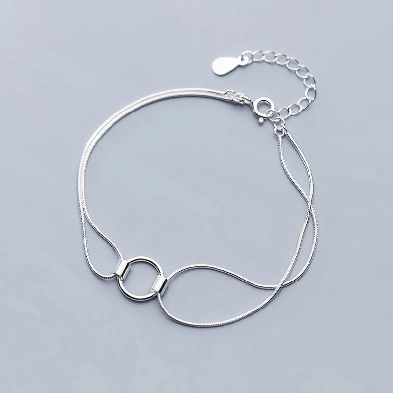 Wholesale 925 Sterling Silver Double Layer Snake Chain Bracelets Middle Circle Round Bracelets Jewelry