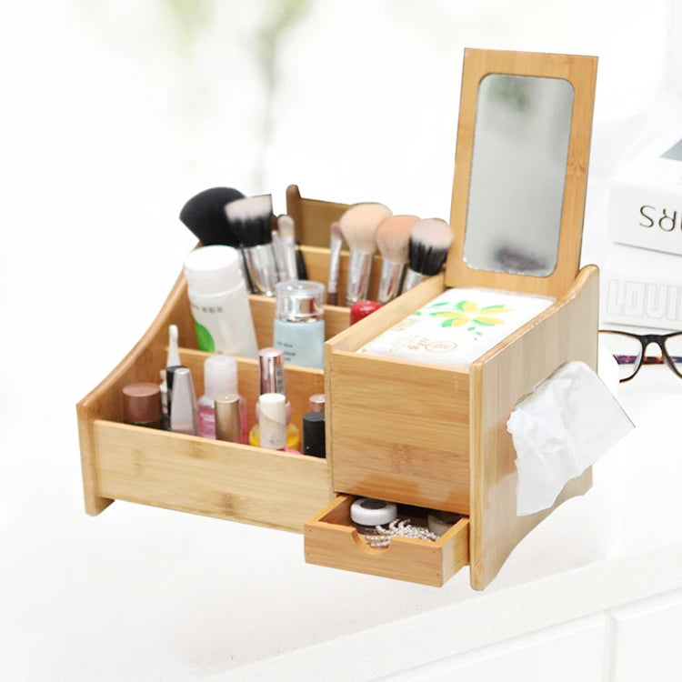 Wholesale Handmade Eco-Friendly Natural Bamboo Cosmetic Storage Box Holder with Tissue Box Welcome OEM/ODM Custom Logo