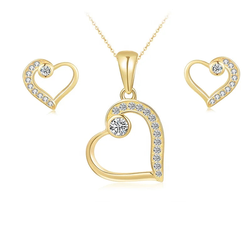 Wholesale 925 Sterling Silver Heart Design 18K Gold Plated Cubic Zircon CZ Earrings Pendant Set