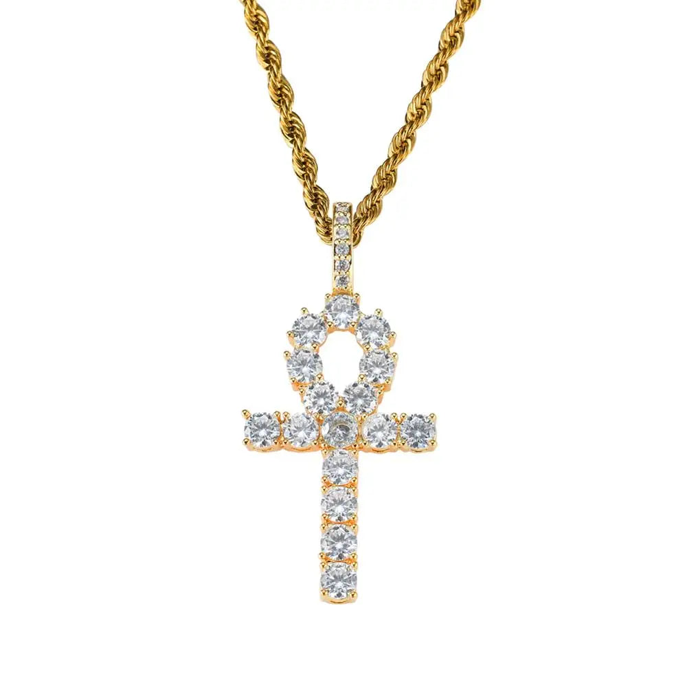 CN019 Gold Plated Hip Hop Anha Cross Pendant Necklace with Rope Chain and Micro Pave CZ Stones for Men and Women
