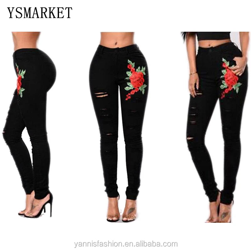 Fashion Sexy Women Embroidered Floral Jeans Ripped Slim Denim Pants Trousers Nice Hole Black Pants Woman Clothing E8040