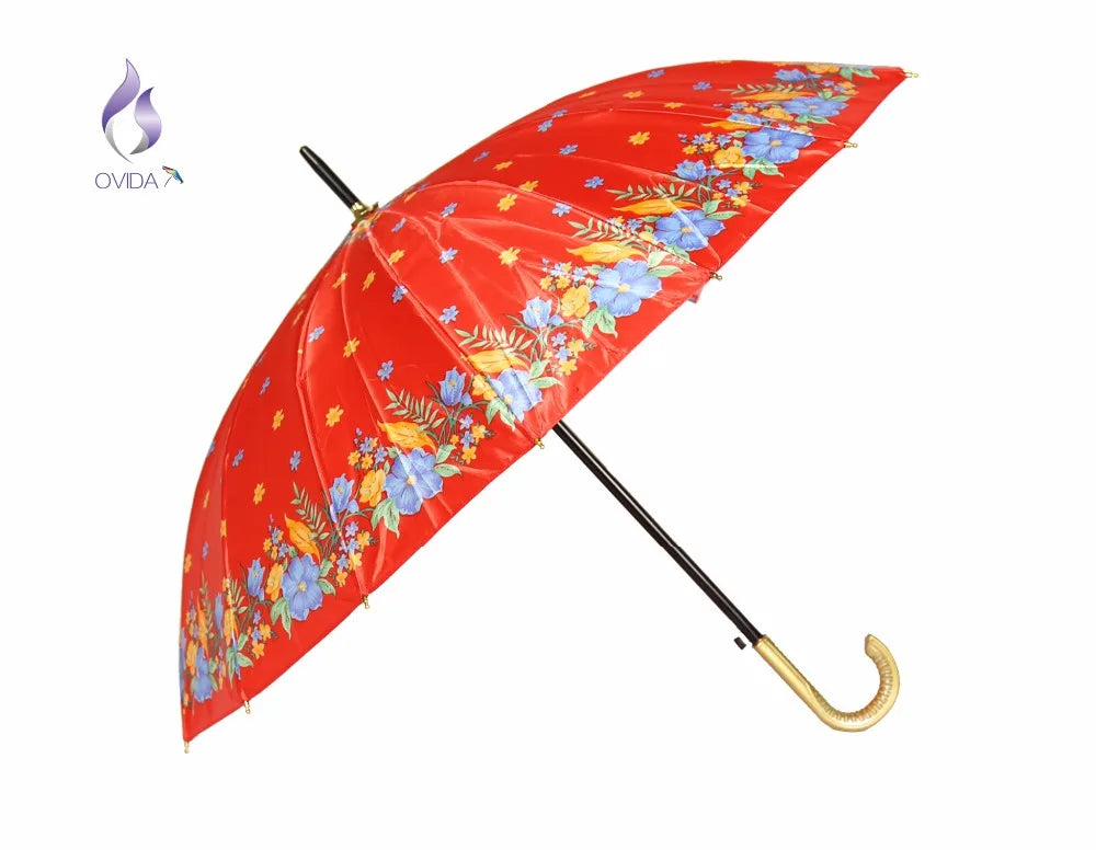 OVIDA 16ribs Long Colorful Satin Fabric Gold Crook Handle Bangladesh Market Cheap Umbrellas