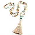 Fashion Women Statement Elegant Natural Stone Knotted Handmade Paved Tiger Eye Amazonite Stone Tassel Necklace