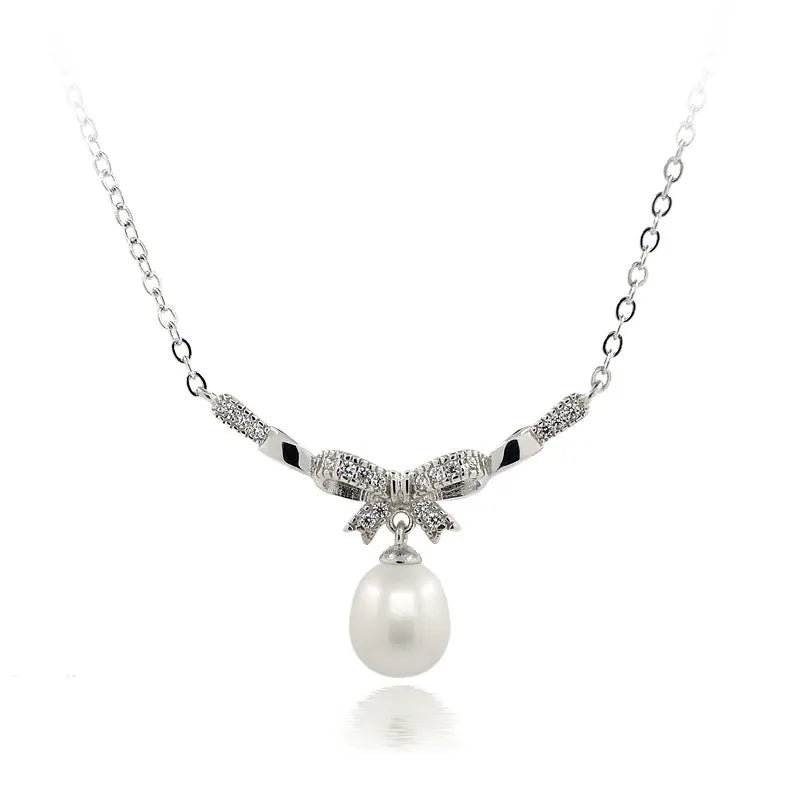 Elegant Bow Knot Women Zirconia Simple Love Choker Set Freshwater Pearl Necklace 925 Silver for Wedding