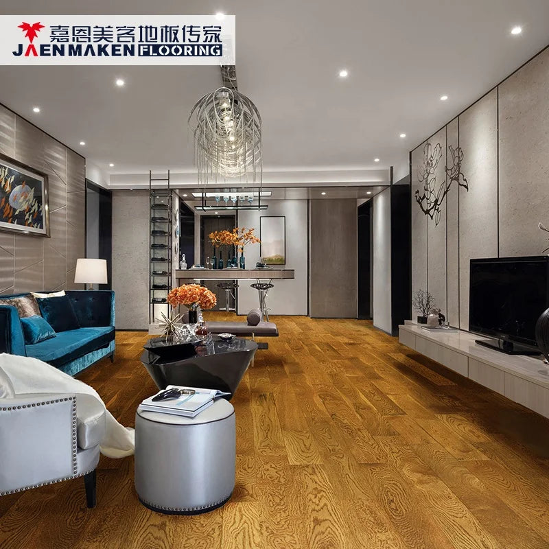 Jaenmaken Oak Solid Wood Flooring Modern Eco-Friendly High Quality Gunstock Color UV Lacquer Finish 5-Year Warranty Indoor