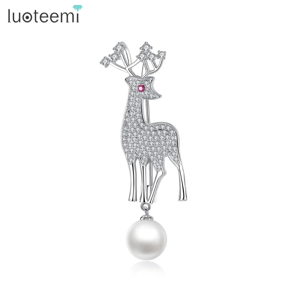 LUOTEEMI Beautiful Fashion Wedding Jewelry Silver-color CZ Crystal Pearl Deer Scarf Brooches