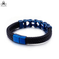 Wholesale Punk Leather Cuff Bracelet Jewelry Blue Plated Stainless Steel Biker Chain Real Leather Bracelet for Man