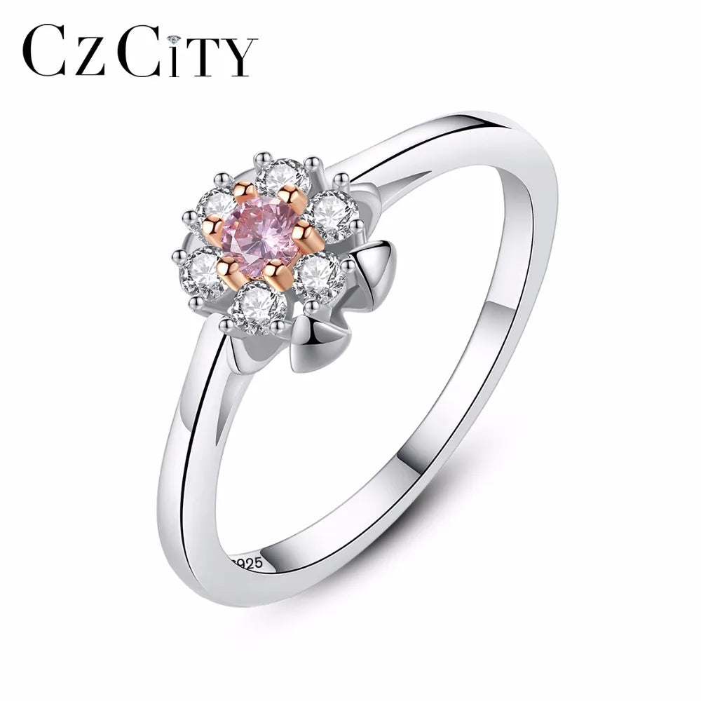 CZCITY Wholesale Fine Silver 925 Ring Jewelry Flower Shaped Wedding Ring With Tiny Bling CZ Crystal for Women Party