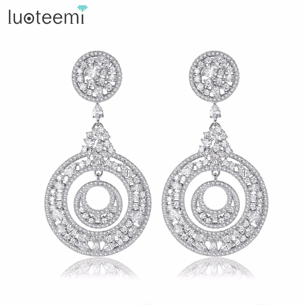 LUOTTEMI Silver Color New Fashion Charm Hollow Circle CZ Zircon Gem Stone Dangle Earrings for Women Jewelry Brincos Bijoux