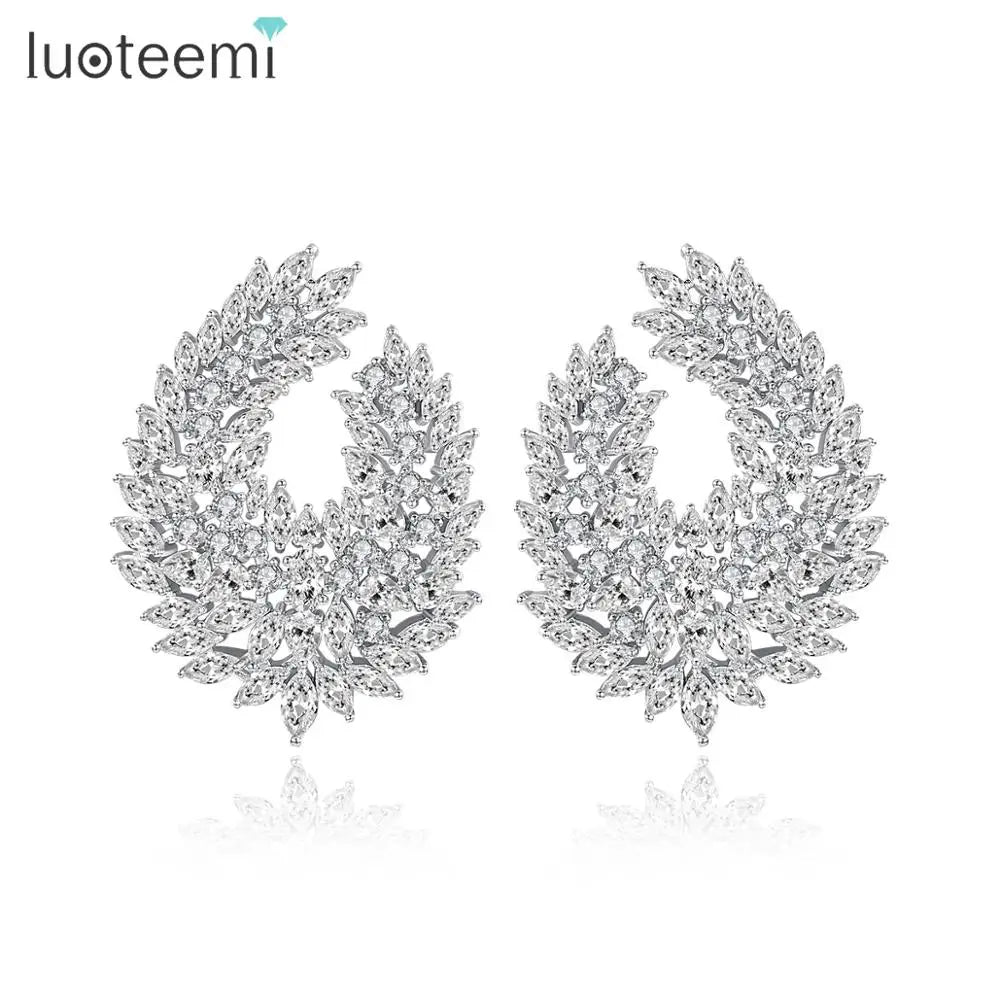 LUOTEEMI Fashion Trend Brass Jewelry a AA Cubic Zirconia Leaf Shaped Stud Earrings for Women Wedding Earring