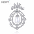LUOTEEMI Charming Fashion Regular Geometric Shape CZ Brooches With Big Water-drop Shape Pearl Vintage Pearl Brooch