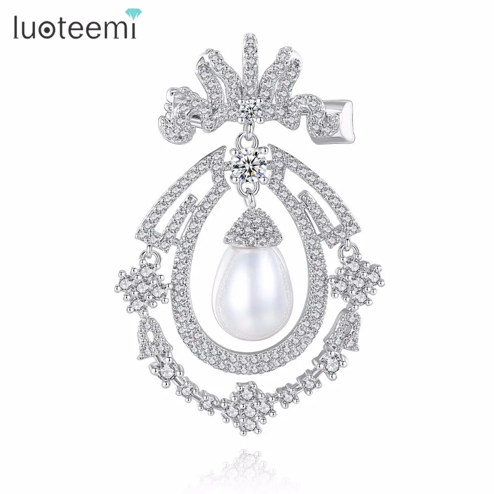 LUOTEEMI Charming Fashion Regular Geometric Shape CZ Brooches With Big Water-drop Shape Pearl Vintage Pearl Brooch
