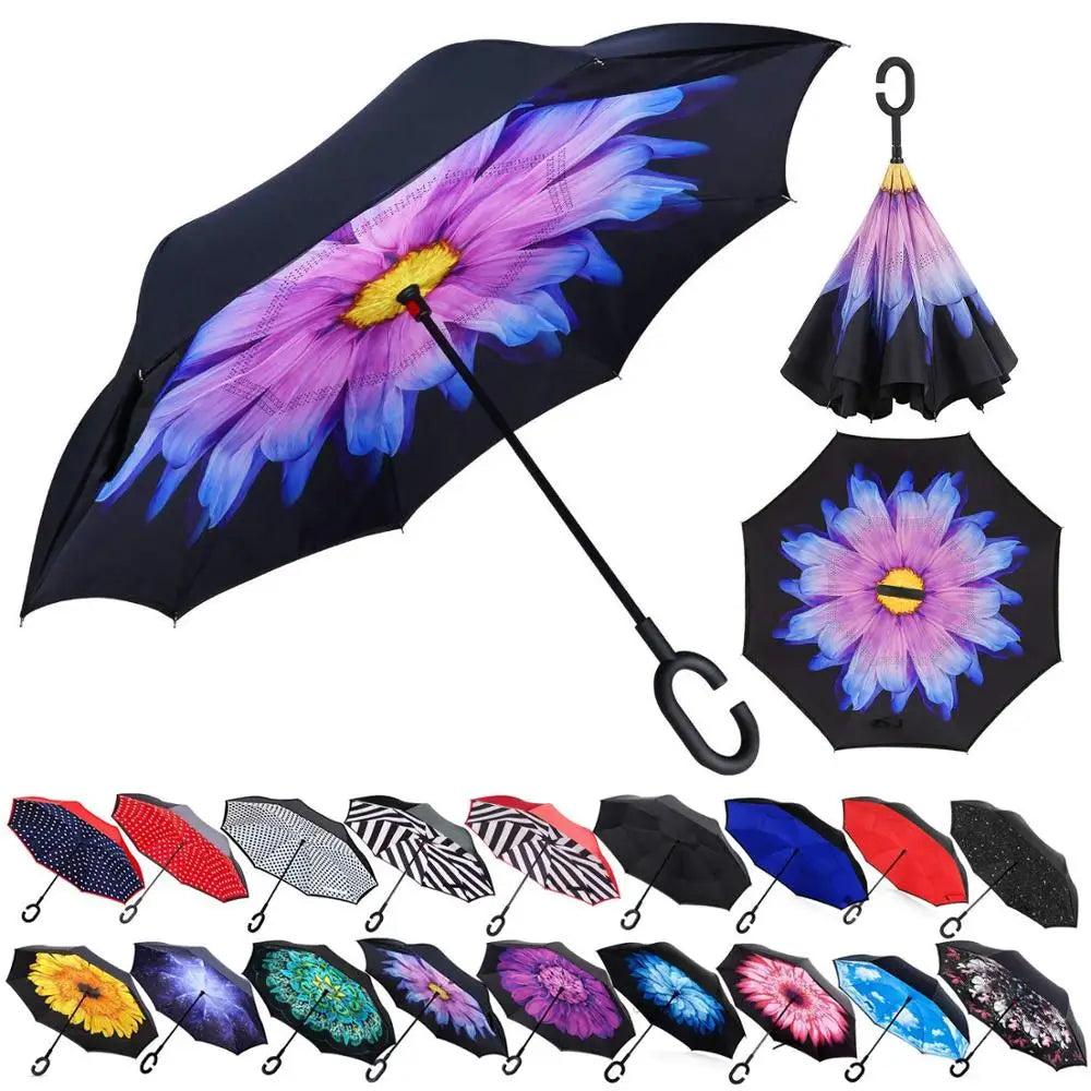 Extra Large Inverted Reverse Golf Umbrella with C-shape Handle Vented Windproof and Waterproof Manual Control Straight Pattern