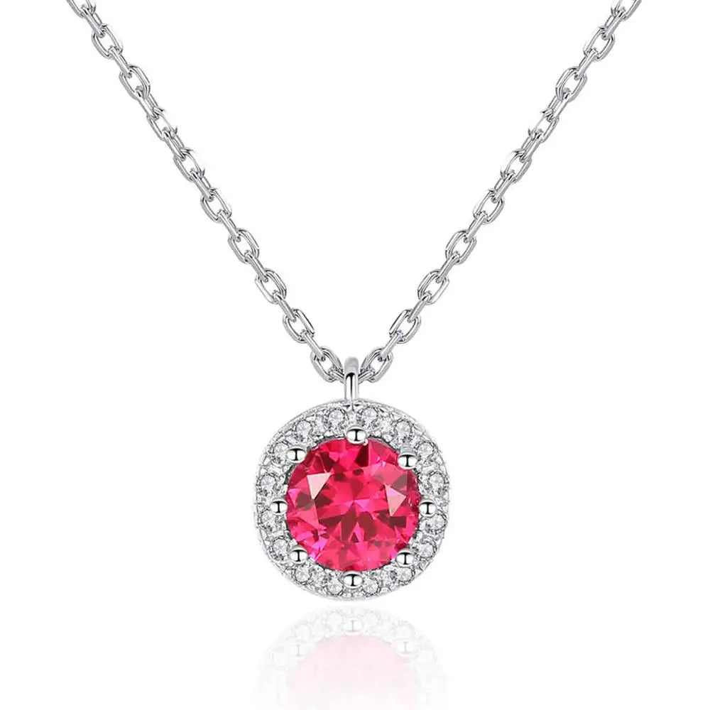 CZCITY Sterling Silver Ruby Women Necklace Tiny CZ Round Ruby Pendant Necklaces for Girls Wholesale