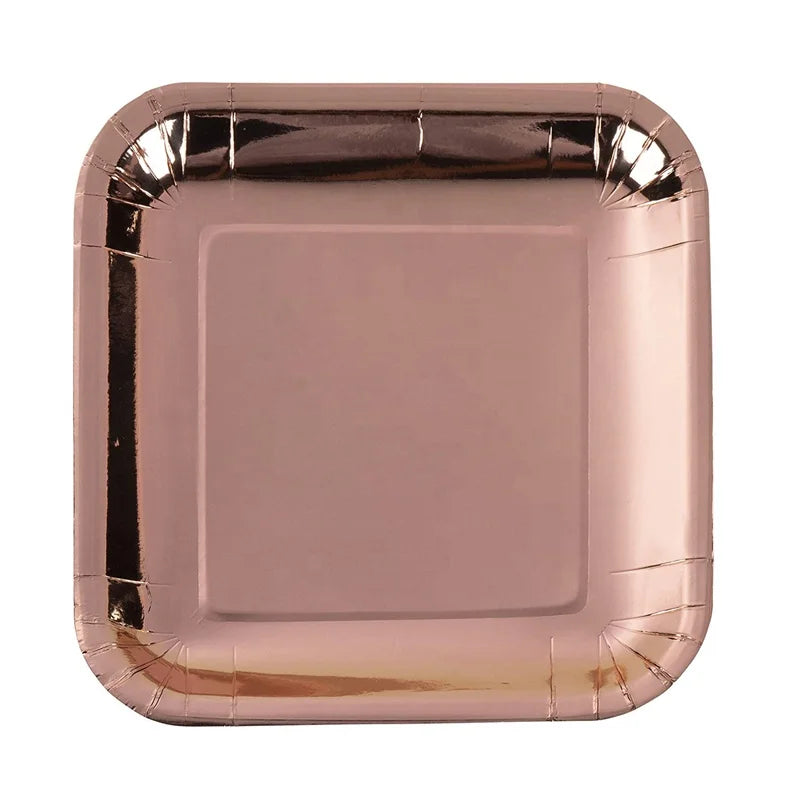 Wholesale Eco-Friendly Engraved Disposable 250gsm 9 Inch Square Rose Gold Foil Paper Plates