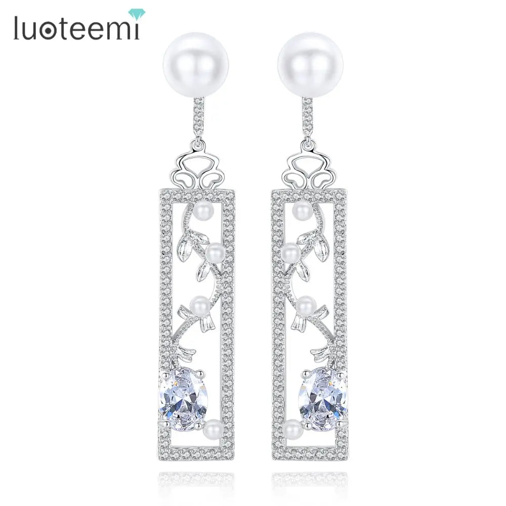 LUOTEEMI Brand Elegant Delicate Geometric Flower Shape Clear Imitation Pearl CZ Drop Earrings Gift for Girl Friend Wife