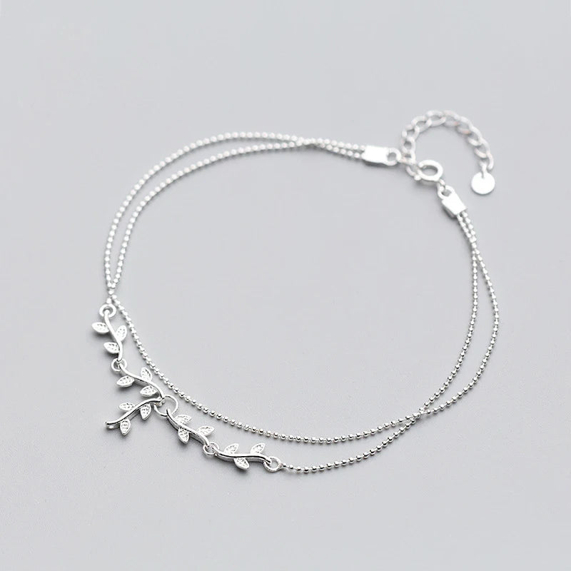 Luxury Double Chain 925 Sterling Silver Cubic Zirconia Leaves Charm Anklets Jewelry