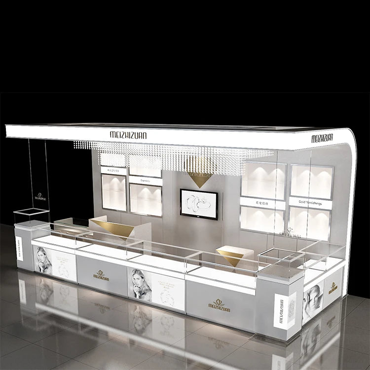 Custom Modern Luxury LED Light Jewelry Showcase Small Shop Kiosk for Mall Retail Store Glass Metal MDF Acrylic Material