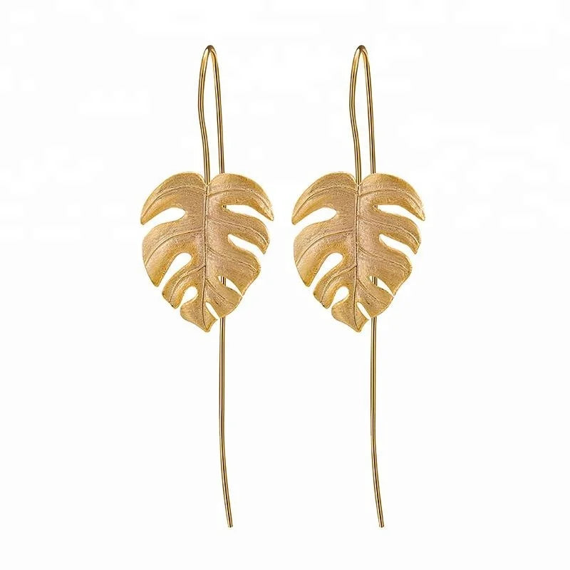 Lotusfun Fashion Leaf Silver Dangle Gold Earring Fine Jewelry for Women