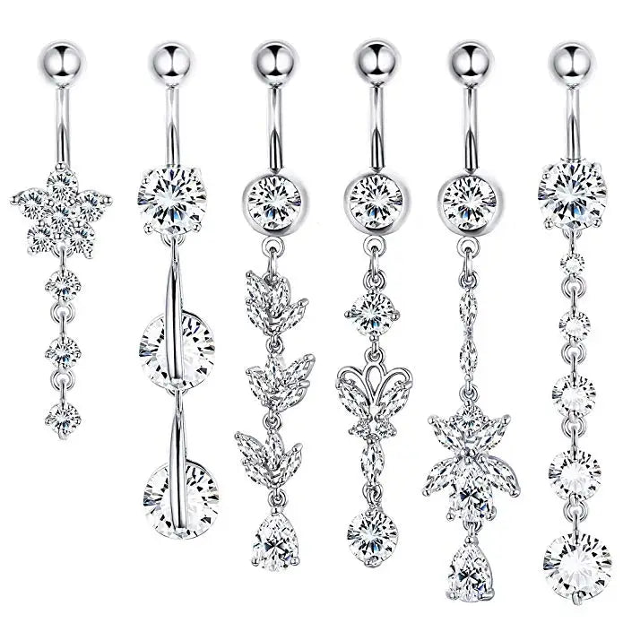 Wholesale Set of 6 High Quality 316L Stainless Steel Dangle Belly Rings 14G Body Piercing Jewelry for Weddings