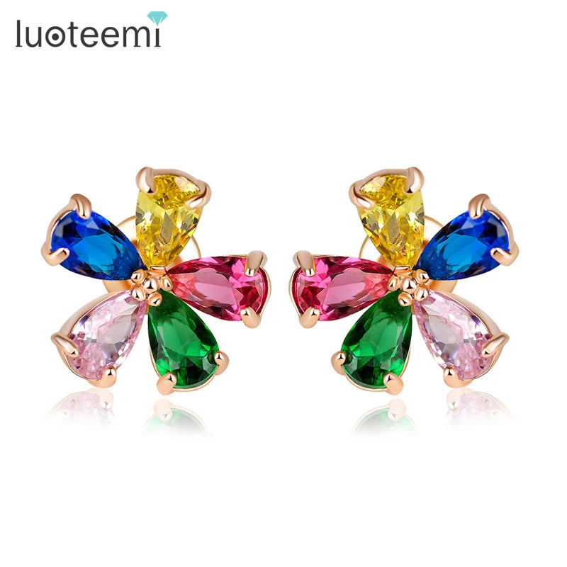 LUOTEEMI Wholesale Cheap Unique New Women Fashion 18K Rose Gold Plated Multi Cubic Zircon Noble Flower Fancy Stud Earrings