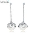 LUOTEEMI White Gold Plated Fashion Jewelry New Design Luxury Cubic Zirconia With Round Pearl Dangle Earrings for Women