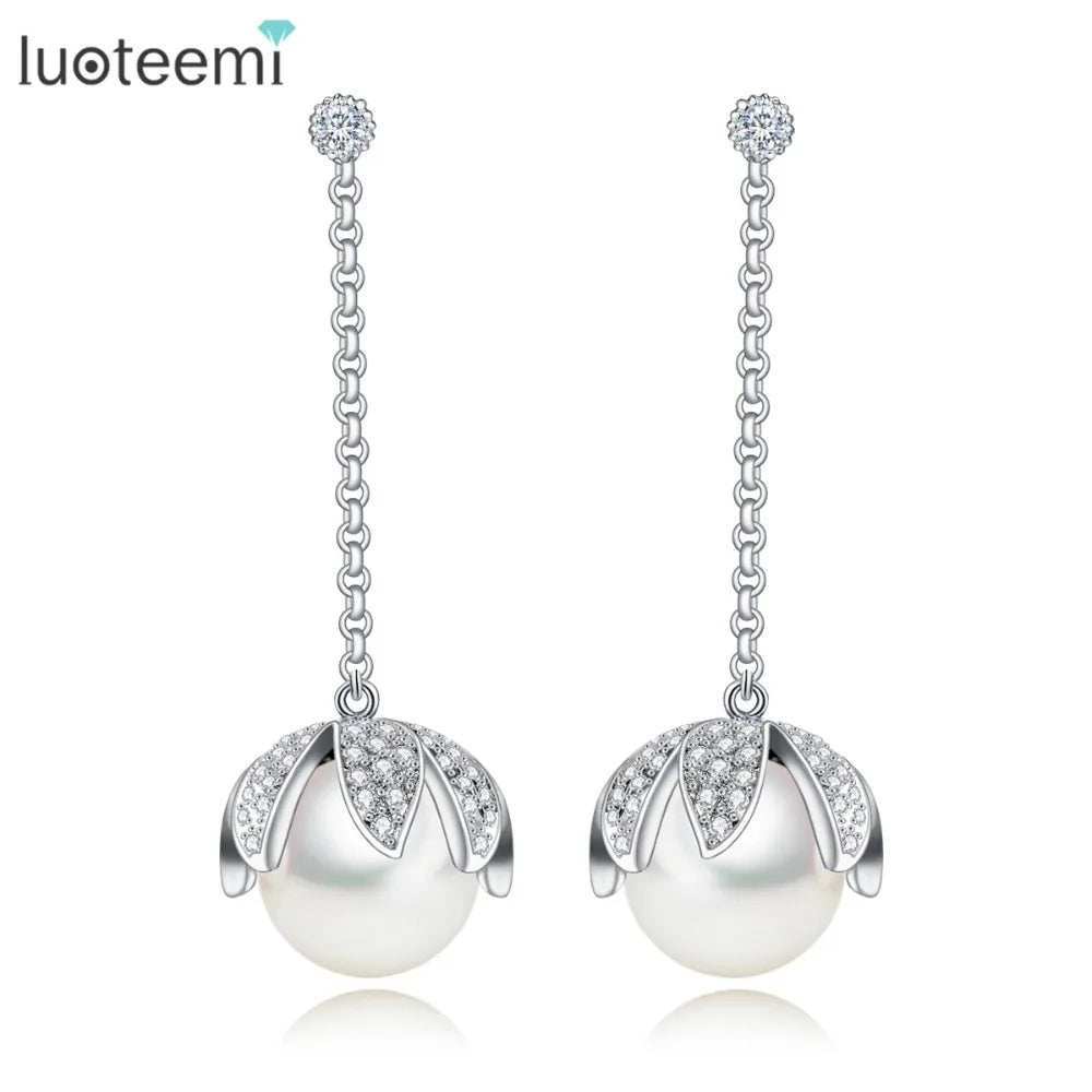 LUOTEEMI White Gold Plated Fashion Jewelry New Design Luxury Cubic Zirconia With Round Pearl Dangle Earrings for Women
