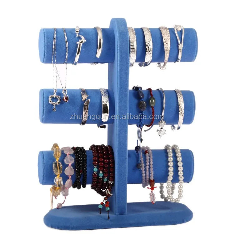 Multiple Colors Velvet Jute 3 Tier T-Bar Jewelry Bracelet Watch Chains Show Holder Display Stand Rack