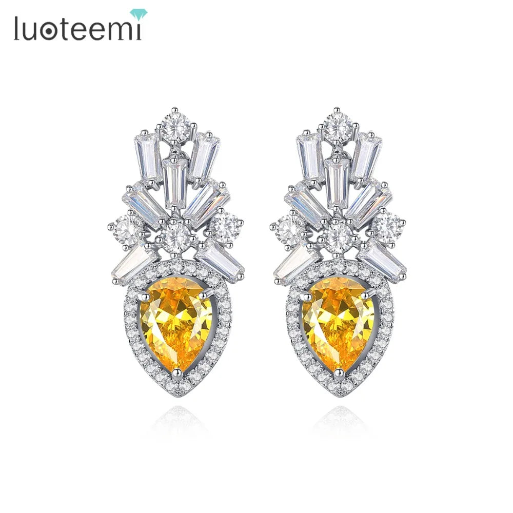 LUOTEEMI Fashion White Gold Color Ladder Zircon Vintage Crown With Yellow Waterdrop CZ Stud Earrings for Women Earring Jewelry