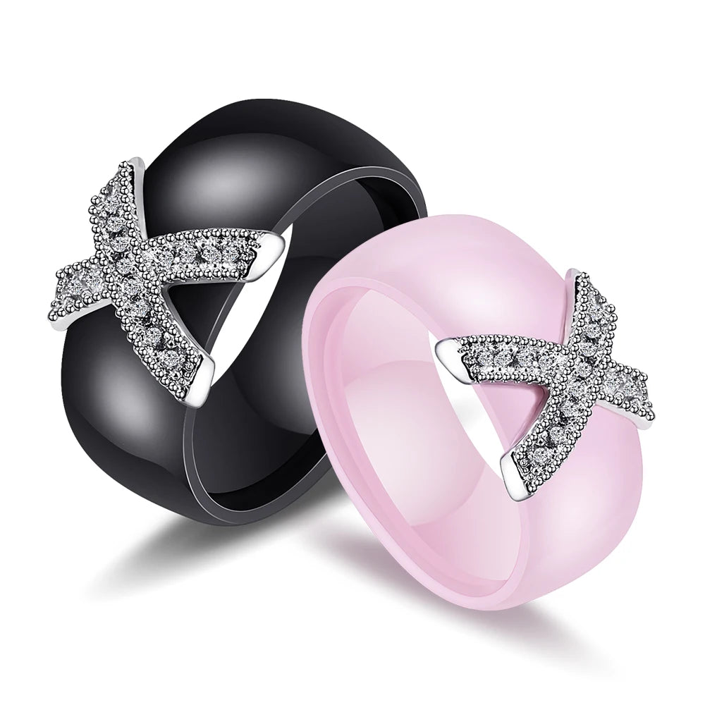Fashion Fine Jewelry 8 mm Ceramic Rings Women Crystal Cross Design Wedding O Ring Gift Ceramic Rings for Women