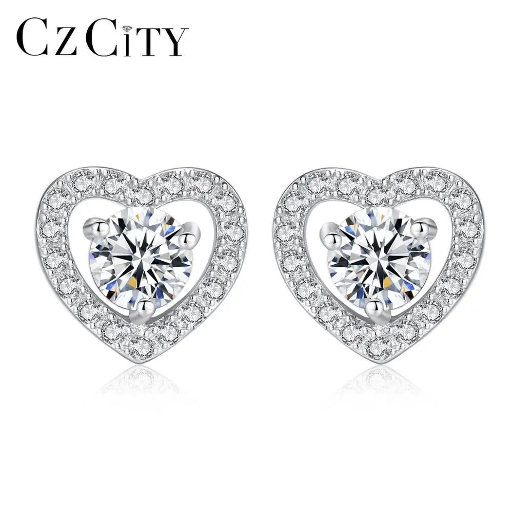 CZCITY Classic Tiny Zircon Inlay Heart Shape 925 Sterling Silver Stud Earrings for Women Delicate Girl Earrings Fine Jewelry