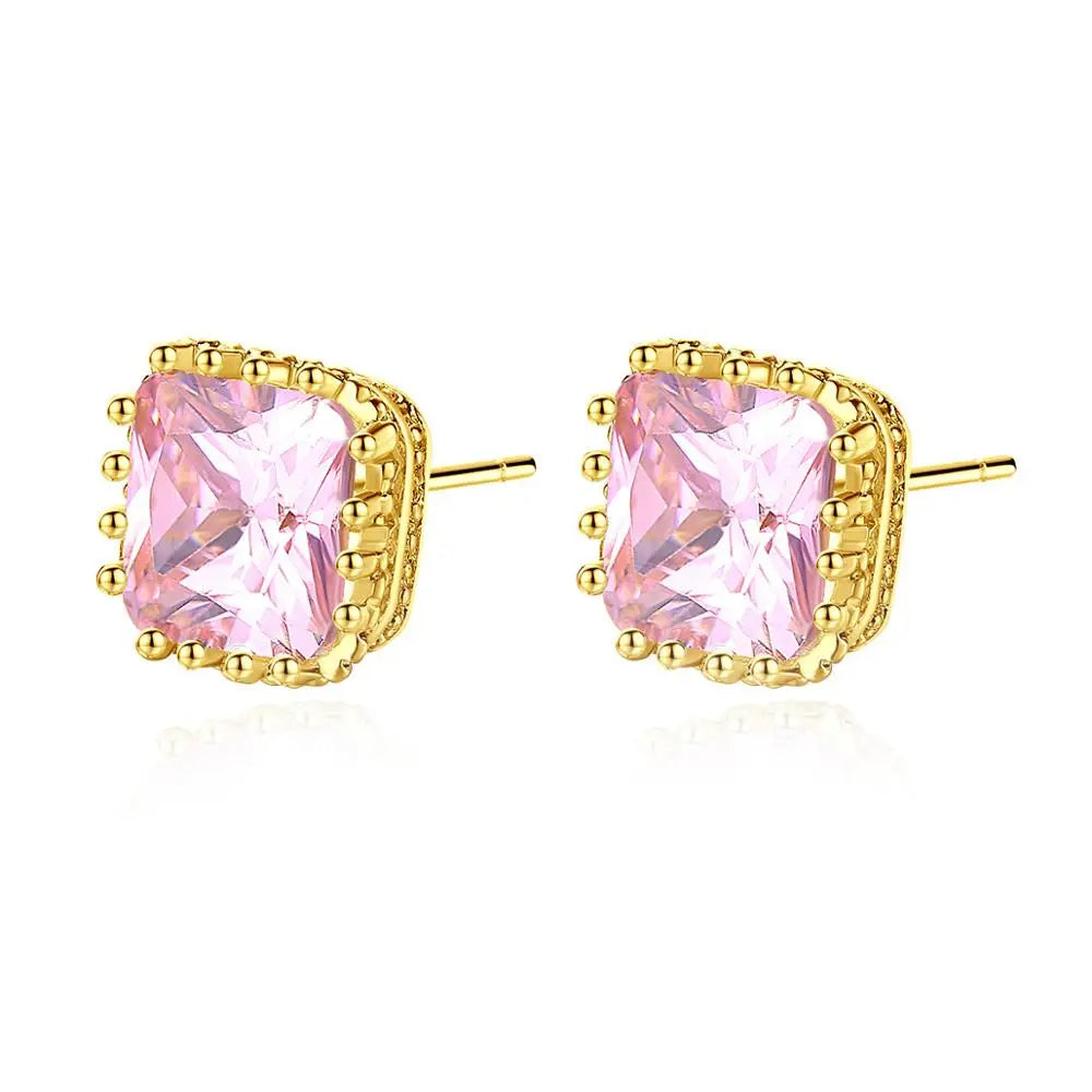 LUOTEEMI 8*8 mm Square Cubic Zirconia Stud Earrings Clear Pink Purple Champagne CZ Stone Ear Stud