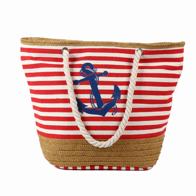 Wholesale Women Summer Canvas Tote Bag Ladies Print Anchor Canvas Tote Large Straw Beach Bag